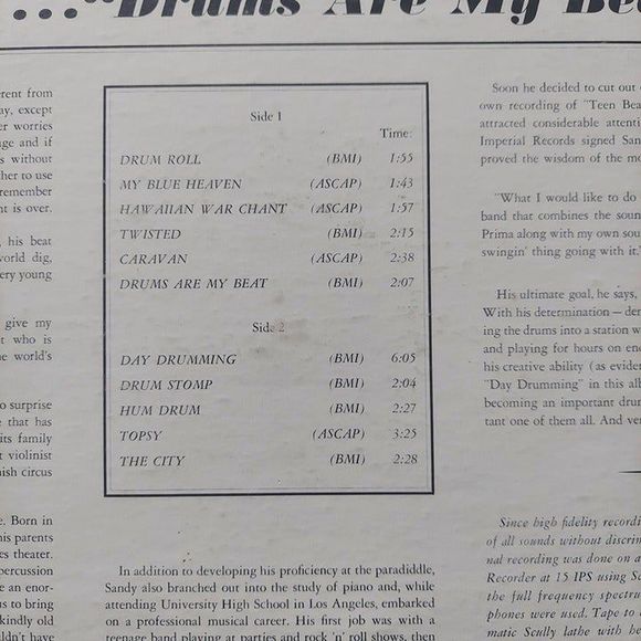 Sandy Nelson Drums Are My Beat! 12" Vinyl LP Imperial LP 9168 1962 - Picture 3 of 8